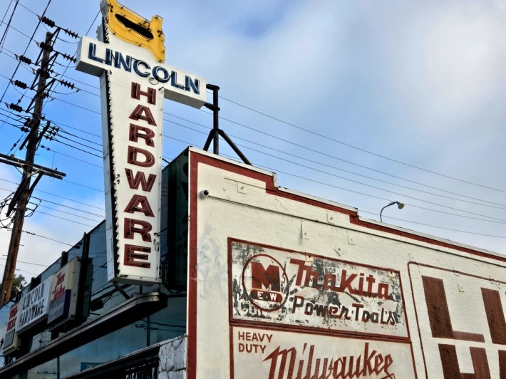 Lincoln Hardware in Venice, with its saw-shaped neon sign.