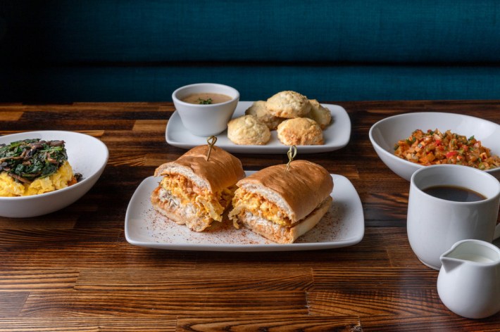 A breakfast po boy with catfish and eggs at Harold & Belle's