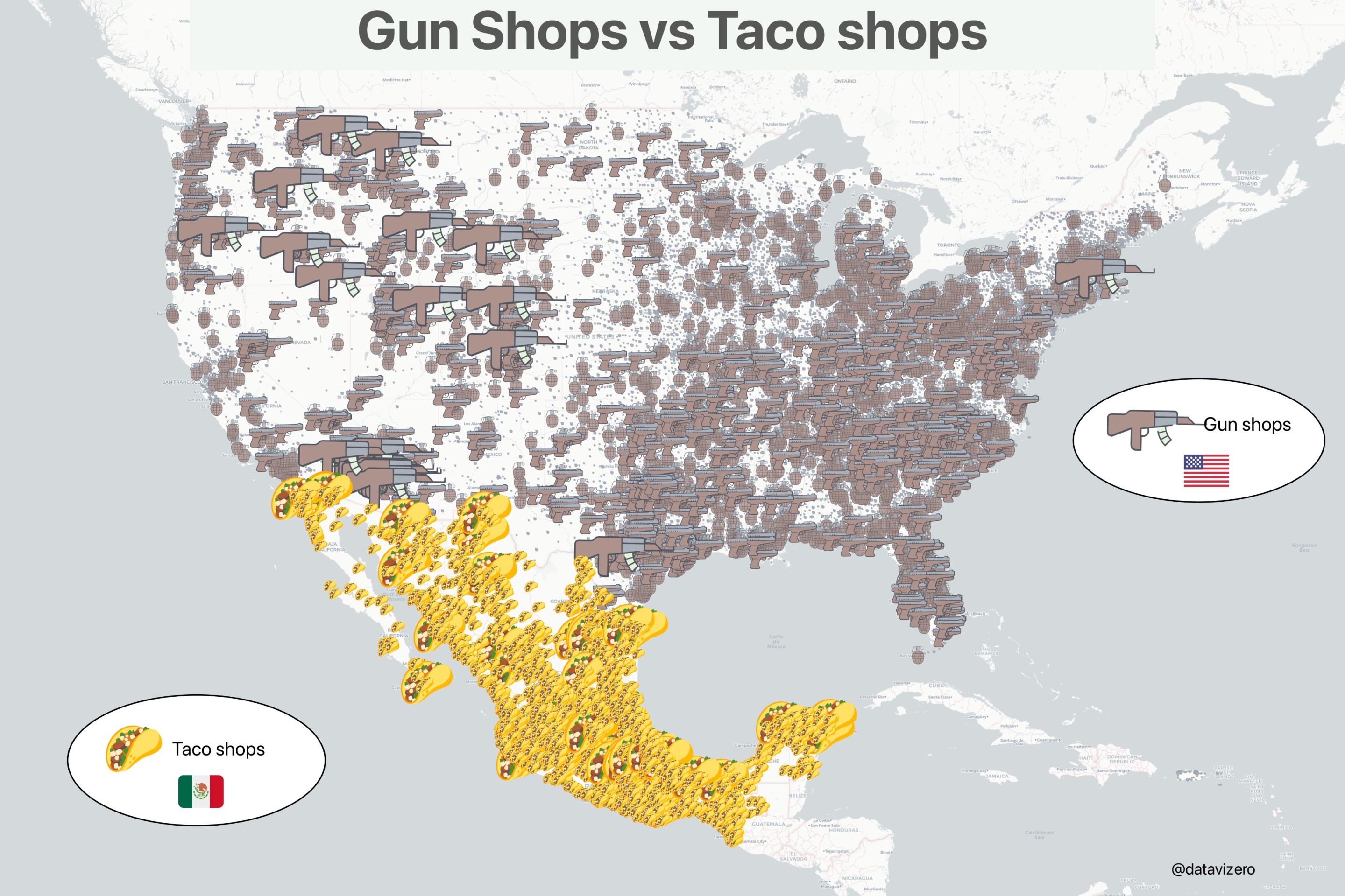 A map showing taquerías vs. gun shops.