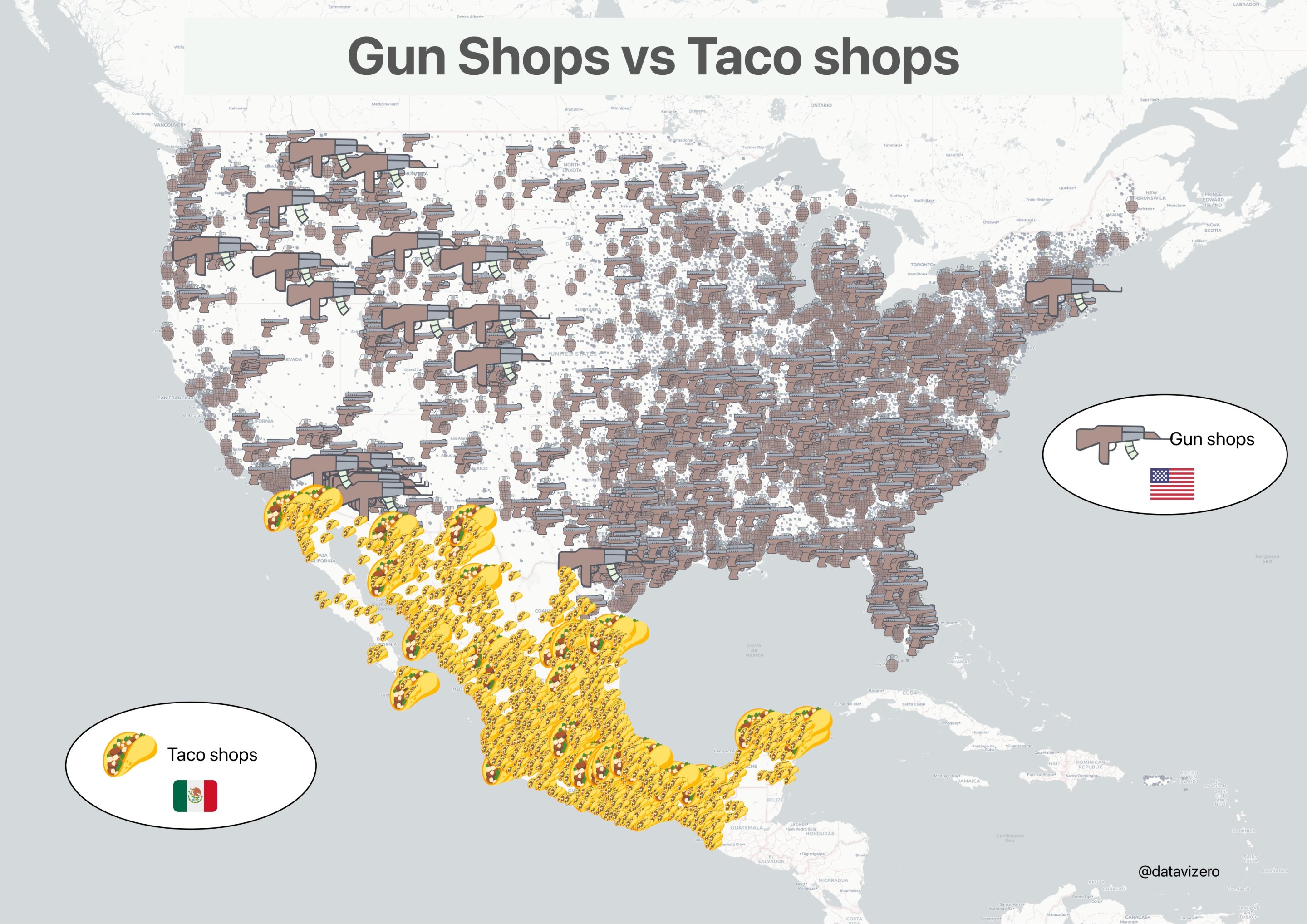 A map showing taquerías vs. gun shops.