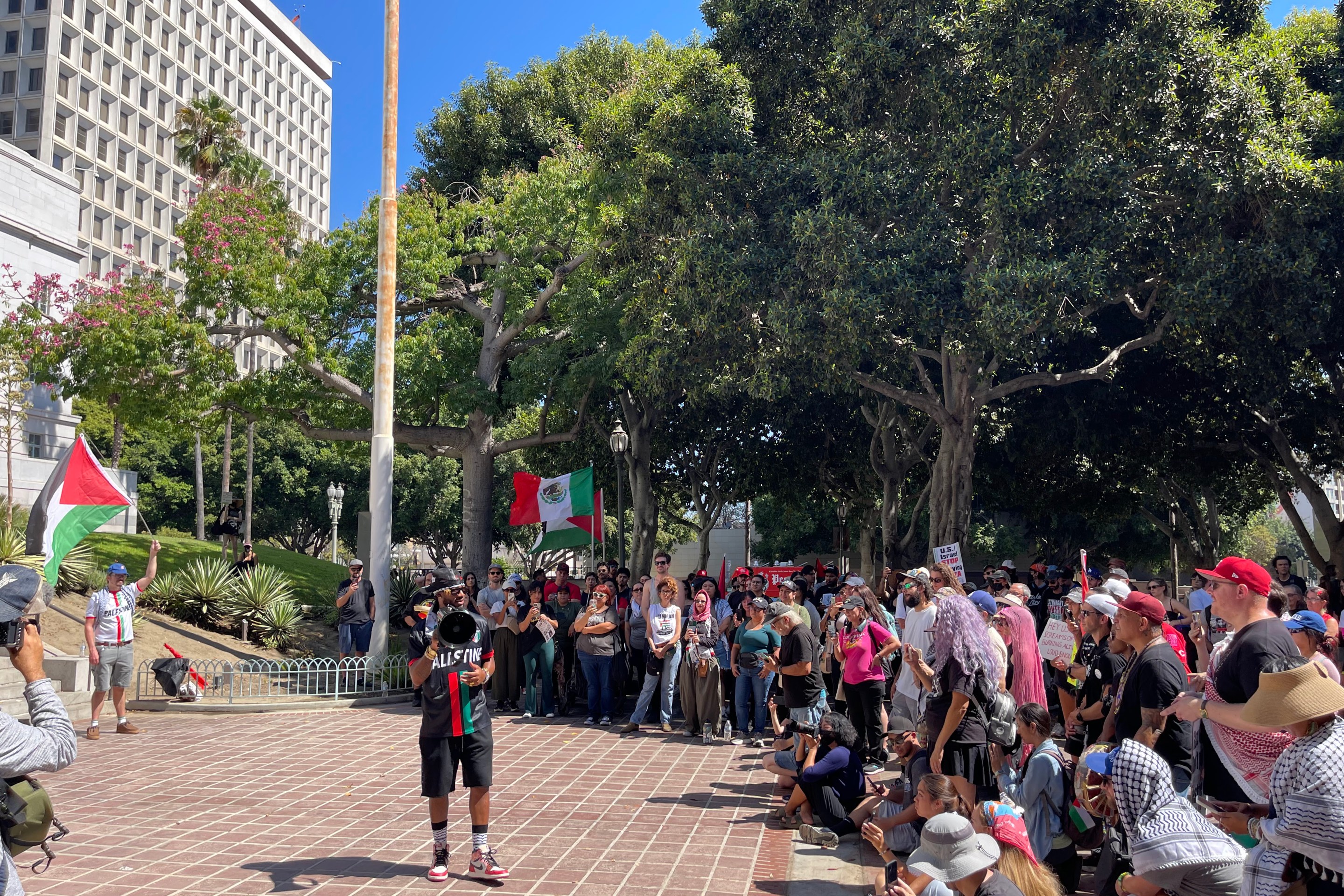 Labor groups protest for an arms embargo on Israel.