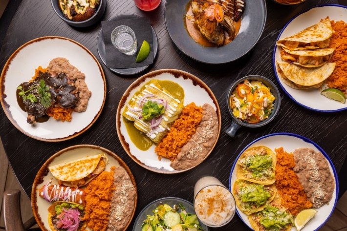 Tacos, enchiladas, and mole set on plates on a table