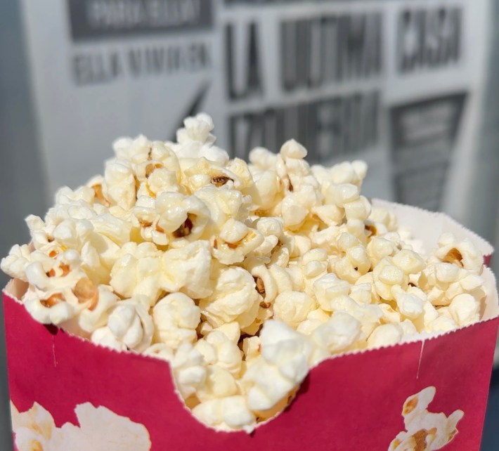 Closeup of movie theater popcorn. Photo by Marina Watanabe for L.A. TACO.