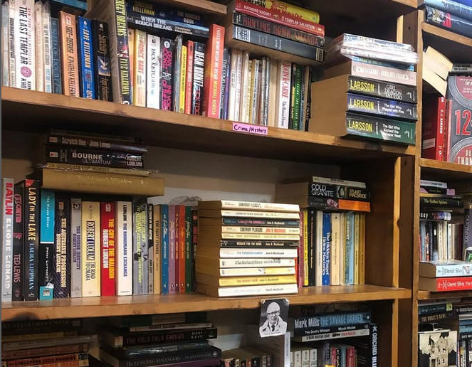 Wooden shelves of paperback books