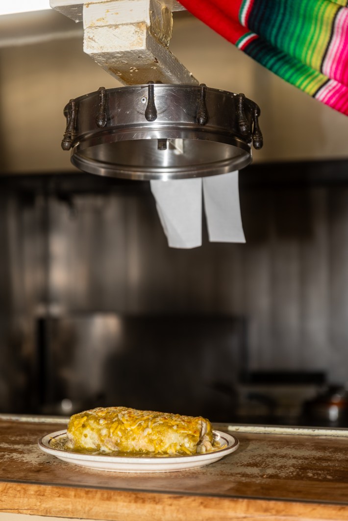 A burrito at the counter at Zacatecas Restaurant.