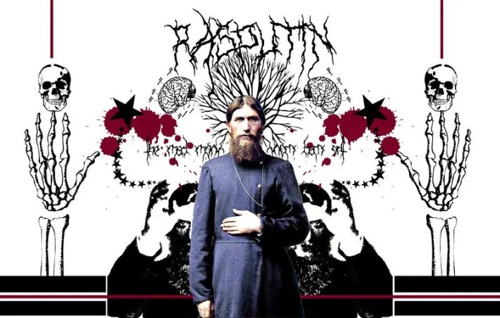 Grigori Rasputin, a bearded man in a blue outfit covering his full body, is photoshopped onto a background with skull and metal genre imagery.
