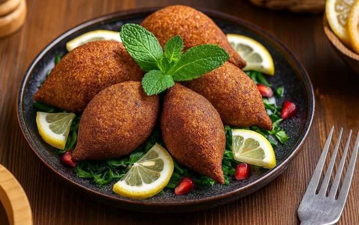 A plate of kibbeh, lemon slices, and pomegranate seeds at 7 Flag.
