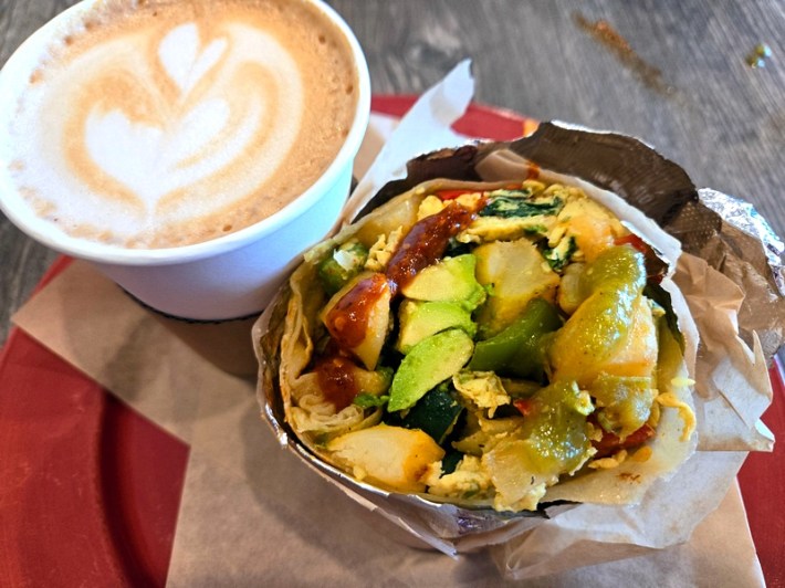 A veggie breakfast burrito and Sierra Juarez latte