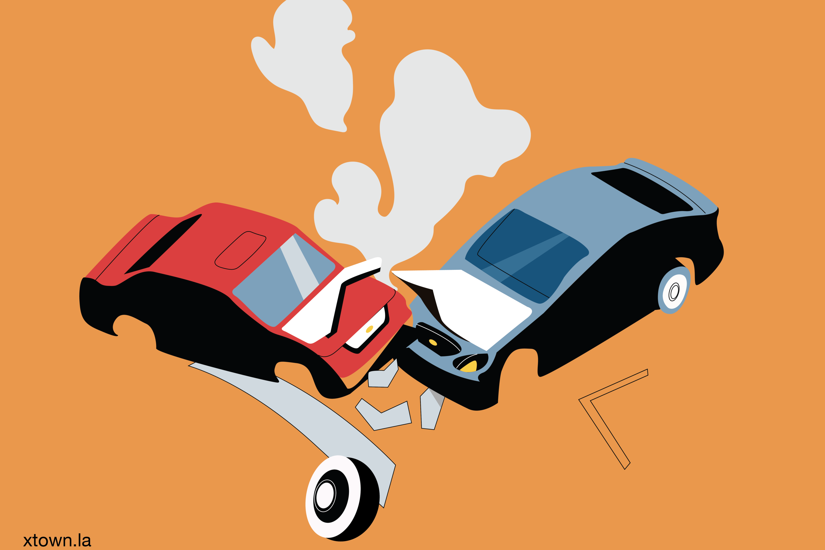 An illustrated head-on collision of a red and blue car.