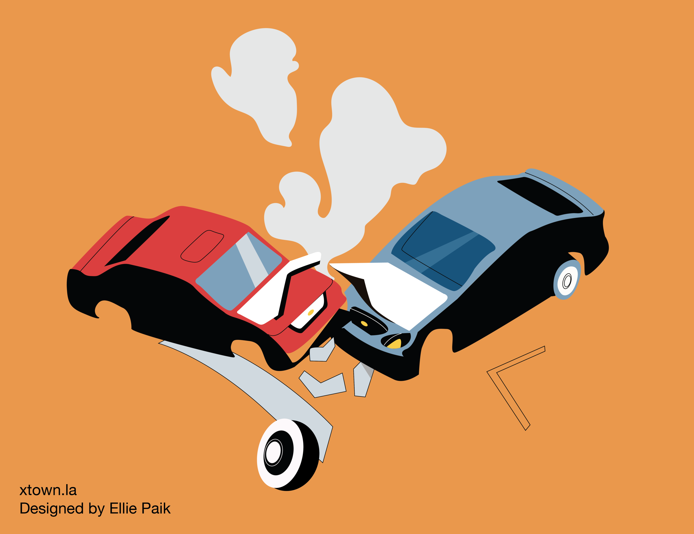 An illustrated head-on collision of a red and blue car.
