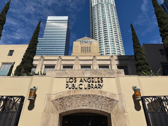 The front exterior of the Central Library branch of Los Angeles Public Library in DTLA. Photo by Marina Watanabe for L.A. TACO