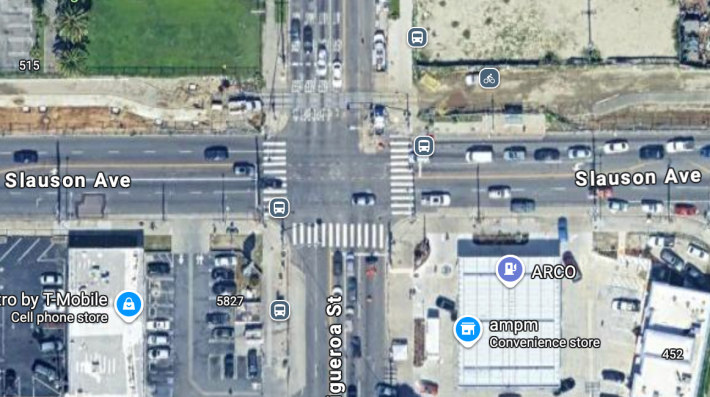 A screenshot of a digital map showing the intersection of Slauson Ave. and S. Figueroa St.