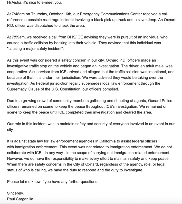 An email statement from Oxnard Police
