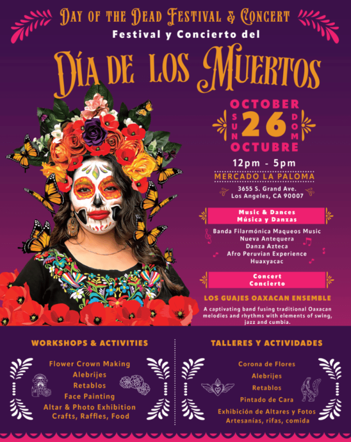 a flier showing a woman with makeup for Dia de Los Muertos