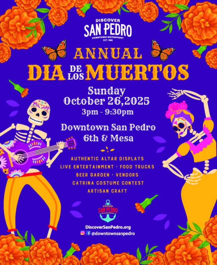 A flier advertising Dia de Los Muertos with two skeletons celebrating.