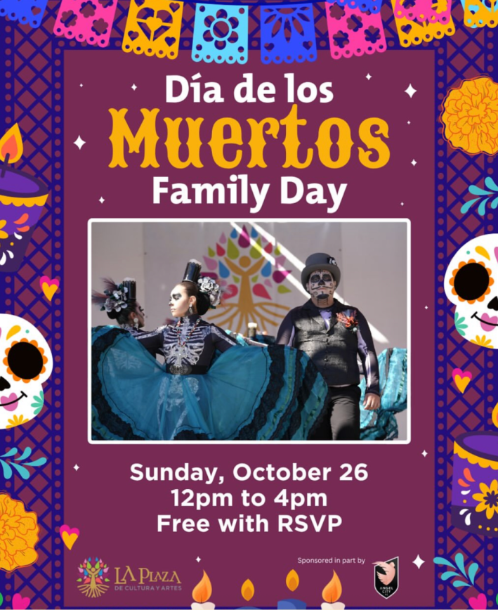 A flier for LA Plaza de Cultura y Artes. Three attendees are celebrating by dance.