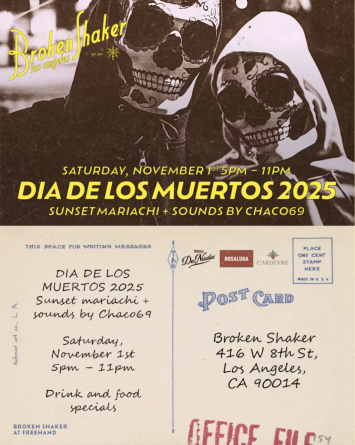 Two people in skeleton costumes are on a flier advertising a Dia de los Muertos event.