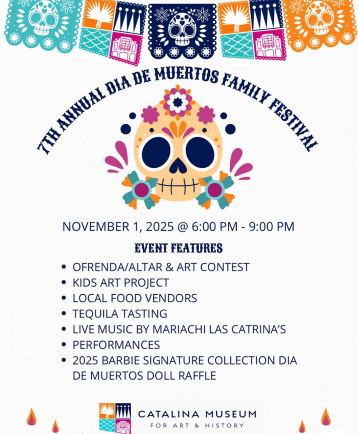 A flier for a Dia de los Muertos family festival with a cartoon sugar skull