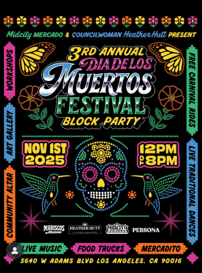 A flier for the 3rd annual Dia de los Muertos block party in Mid City