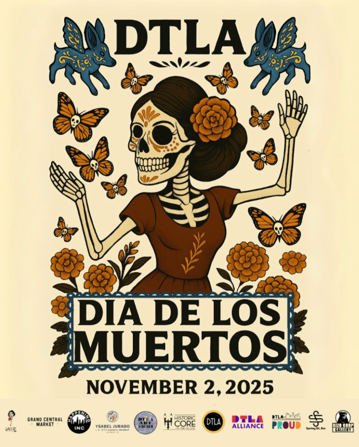 A cartoon of a skeleton woman is surrounded by butterflies