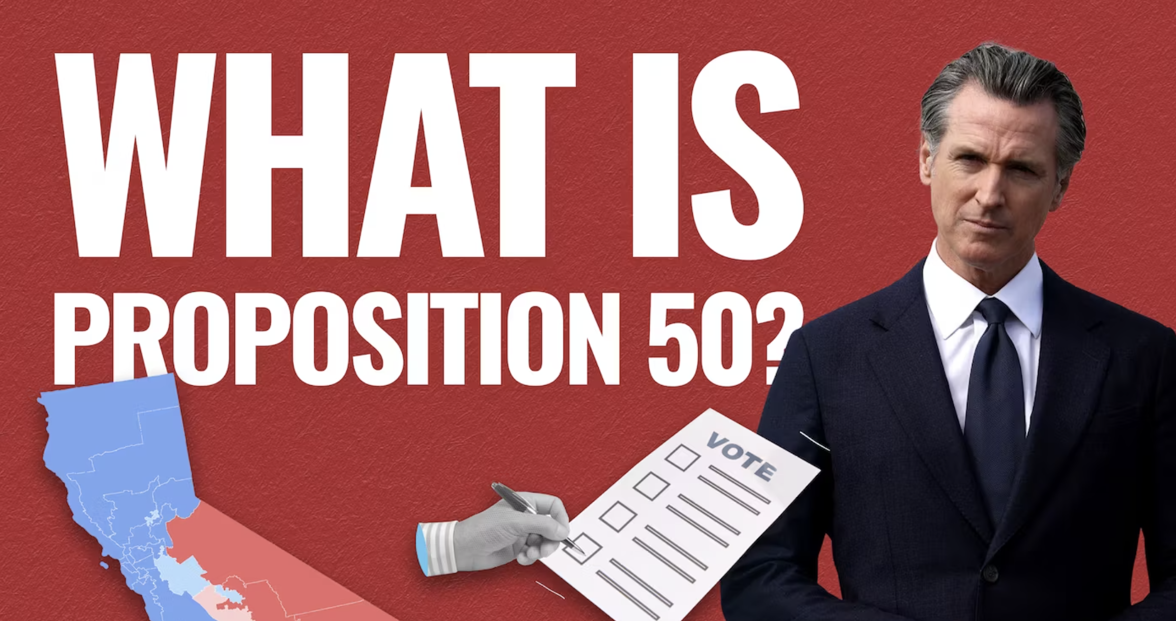 Gavin Newsom, a man in a suit, stands next to images of a hand signing a paper and a blue and red depiction of California.