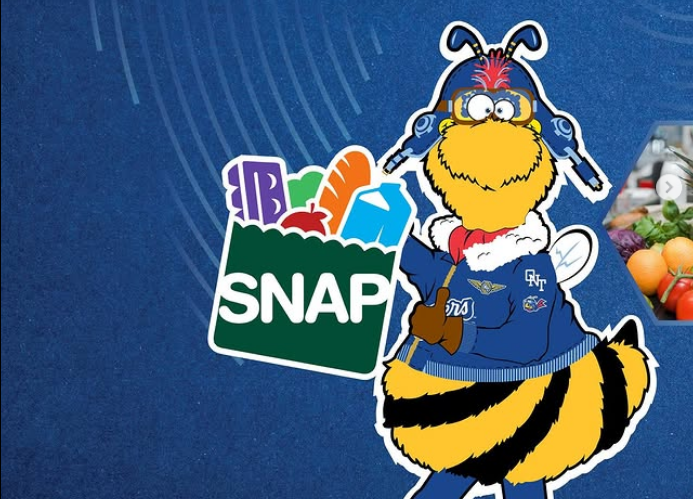 A cartoon bee in an aviator helmet, holding a green paper bag full of cartoon food that says SNAP