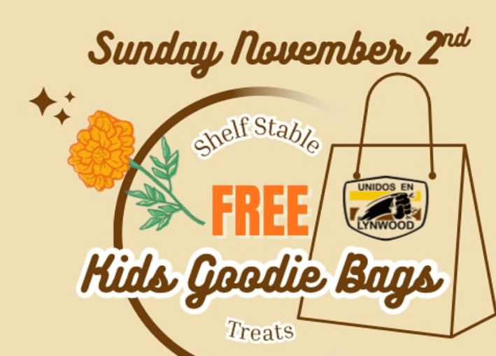 A flyer for Free Kids Goodie Bags being given away Sunday November 2 at Balam in Lynwood, featuring the image of a marigold and a bag