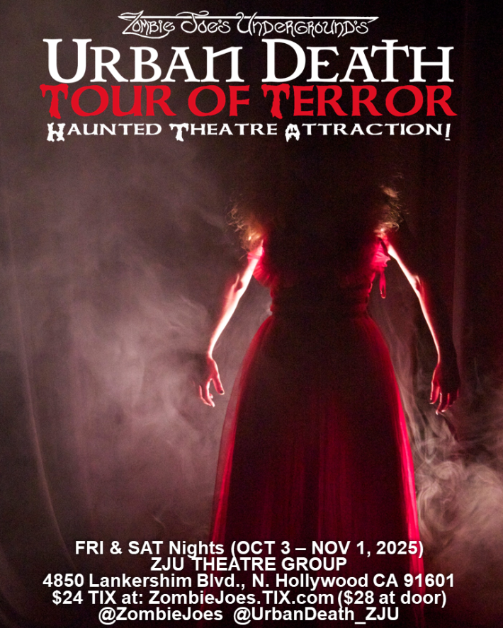 A flyer for Zombie Joe's Underground Theater Urban Death Tour of Terror featuring a woman in a red dress, from behind, staring into a smoky space