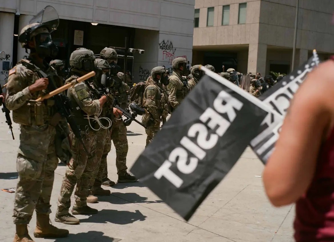 Soldiers lined up in Downtown LA next to a flag that says Resist