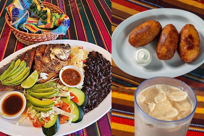 Fried fish is served with sides like beans, avocado, and rice