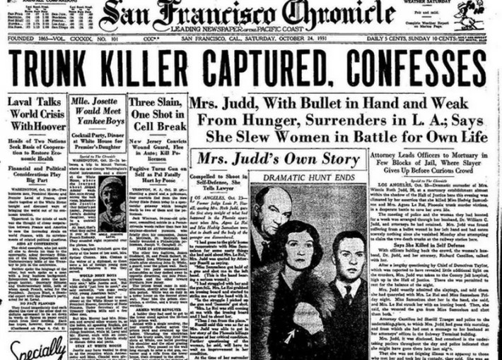 The front page of the San Francisco Chronicle shows the story of Mrs. Judd, titled "Trunk Killer Captured, Confesses." A photo is seen of a man, woman