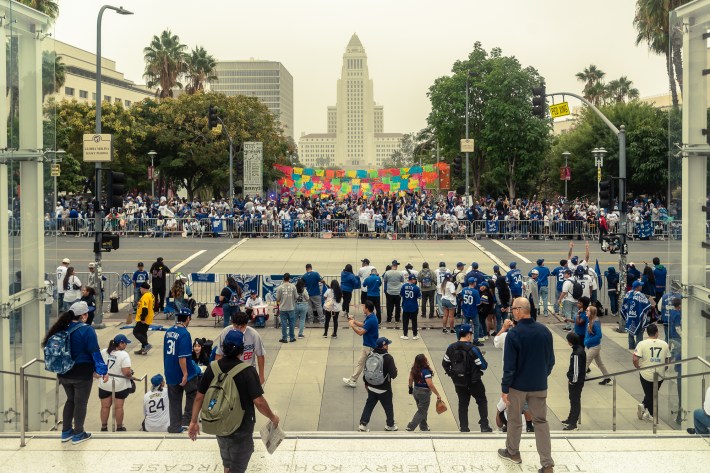 Early morning in downtown Los Angeles hours before the parade.