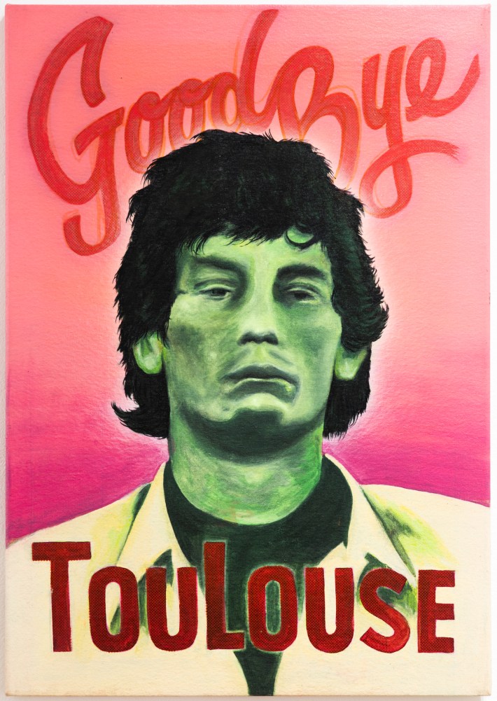 artwork of a green Richard Ramirez in front of a pink background