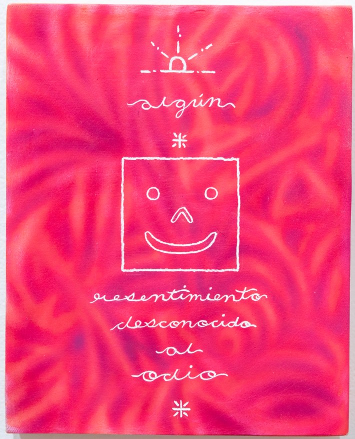 artwork with a pink background and white doodles
