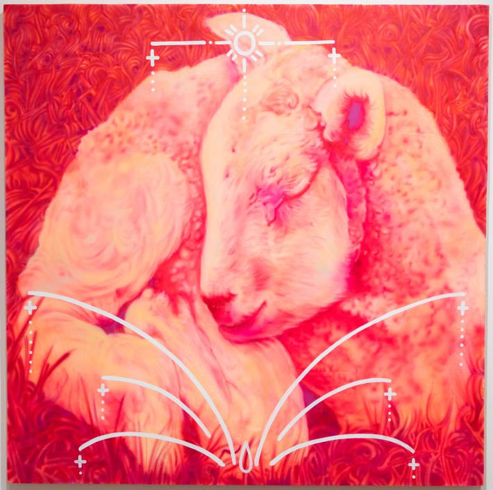 artwork of a lamb curled up atop grass, painted in shades of red