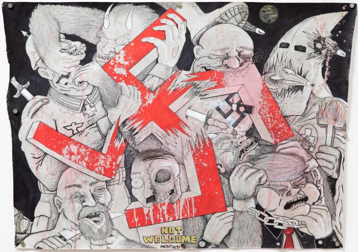 artwork of a swatsika and figures of hate like a Ku Klux Klan member