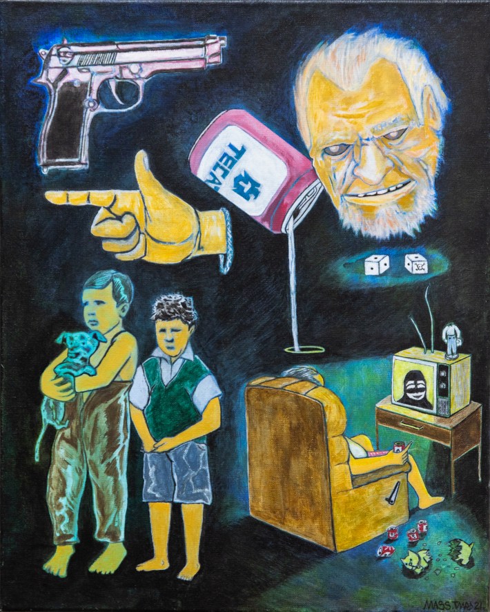 Artwork showing symbols like a gun and children