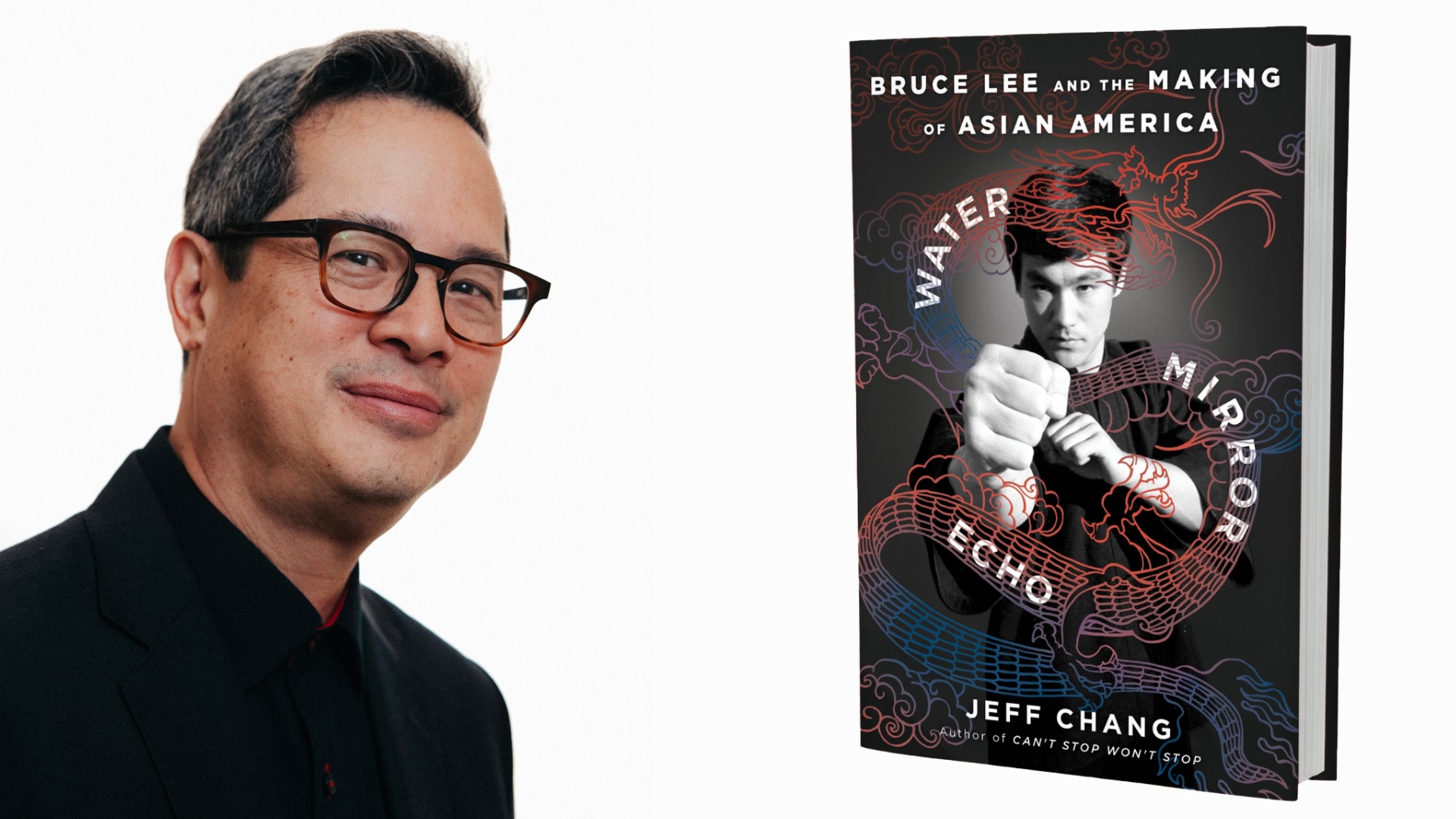 a man poses, and a book showing Bruce Lee punching is photoshopped next to him