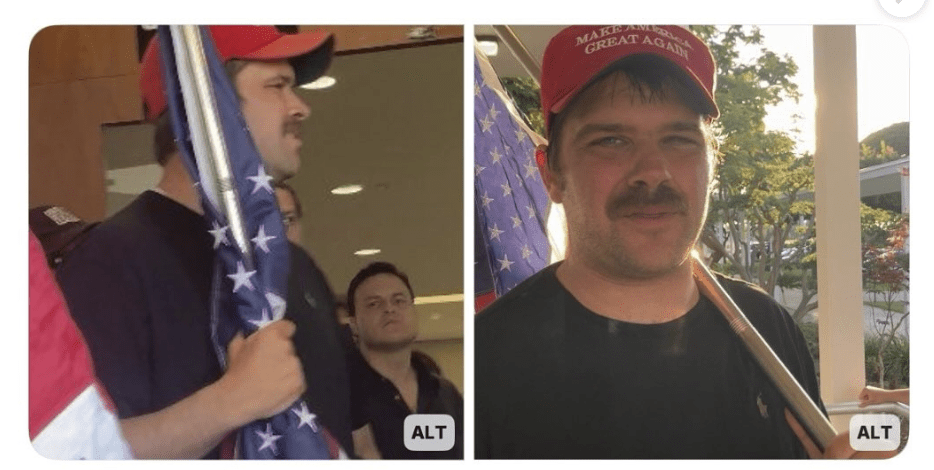 man holding an american flag next to the image of the man facing forward, showing his red hat with white text