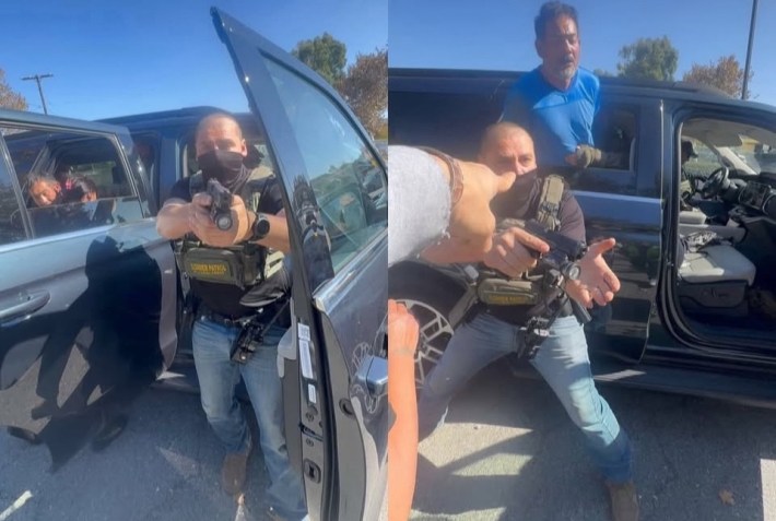 a split image: left image is of a masked man aiming a gun at the person behind the camera. second image is of the man aiming the gun in another direction