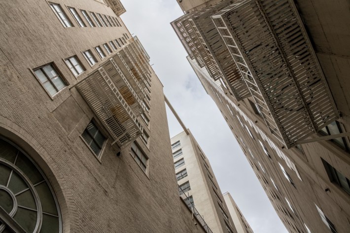 a street-level view at two high buildings