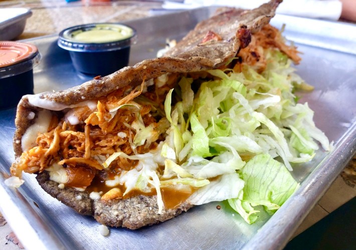 Saby's "machete," a blue corn quesadilla with chicken tinga. Photo by Hadley Tomicki for L.A. TACO.