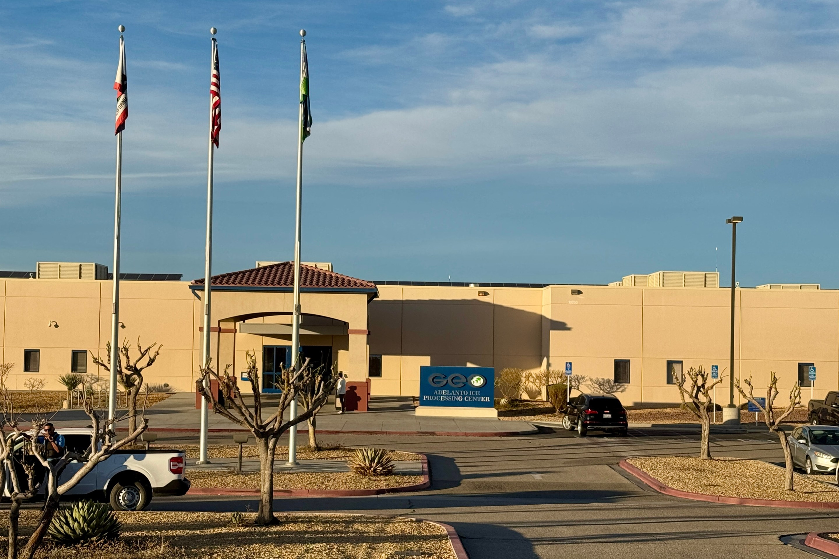 The front entrance of GEO's Adelanto Processing Center