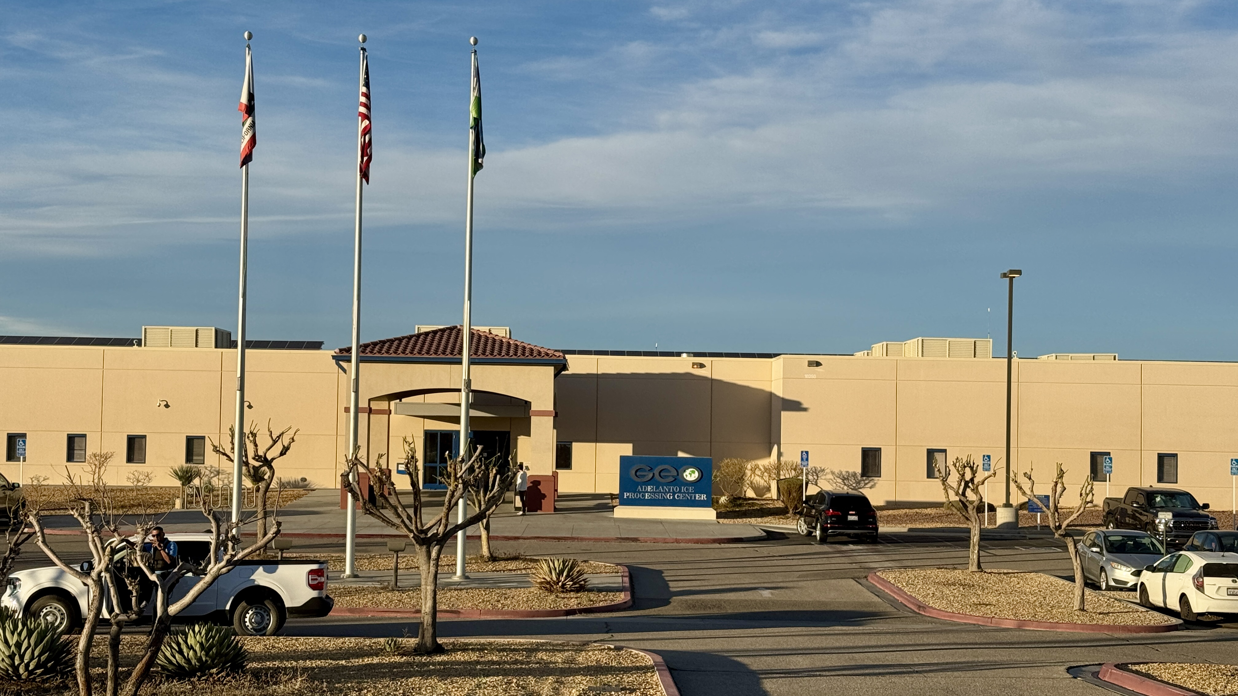 The front entrance of GEO's Adelanto Processing Center