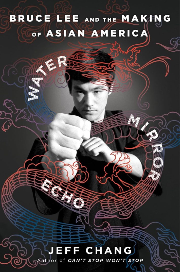 a book cover showing Bruce Lee behind outlines of dragons and clouds