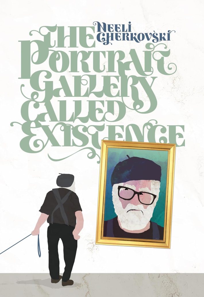 a book cover showing a man holding a leash and wearing a beret looking at a portrait depicting himself
