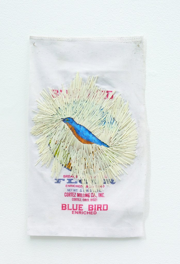 a Blue Bird flour bag decorated with porcupine quills, emphasizing the image of the blue bird