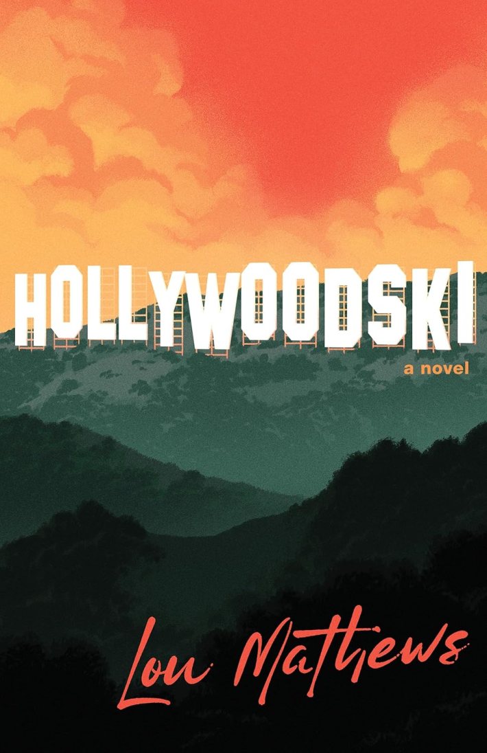 a book cover mimicking the Hollywood sign, displaying "Hollywoodski" instead
