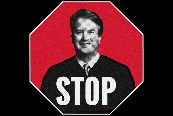 Cartoon depicting man smiling in a judicial robe, framed by a stop sign. The word stop is in all capital letters at the bottom.