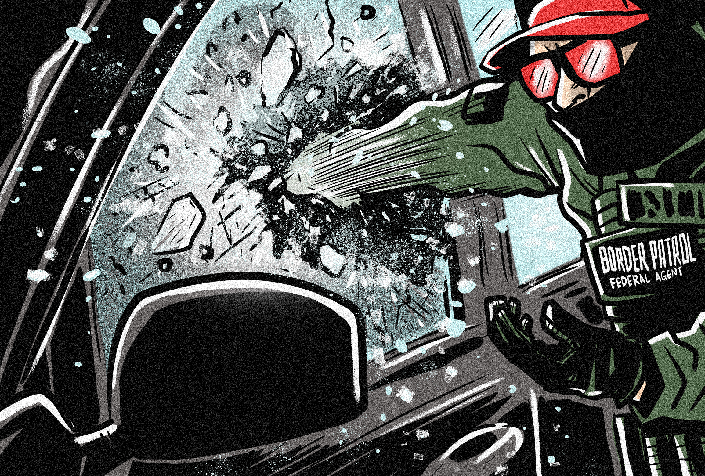 cartoon art of a federal agent smashing a car window